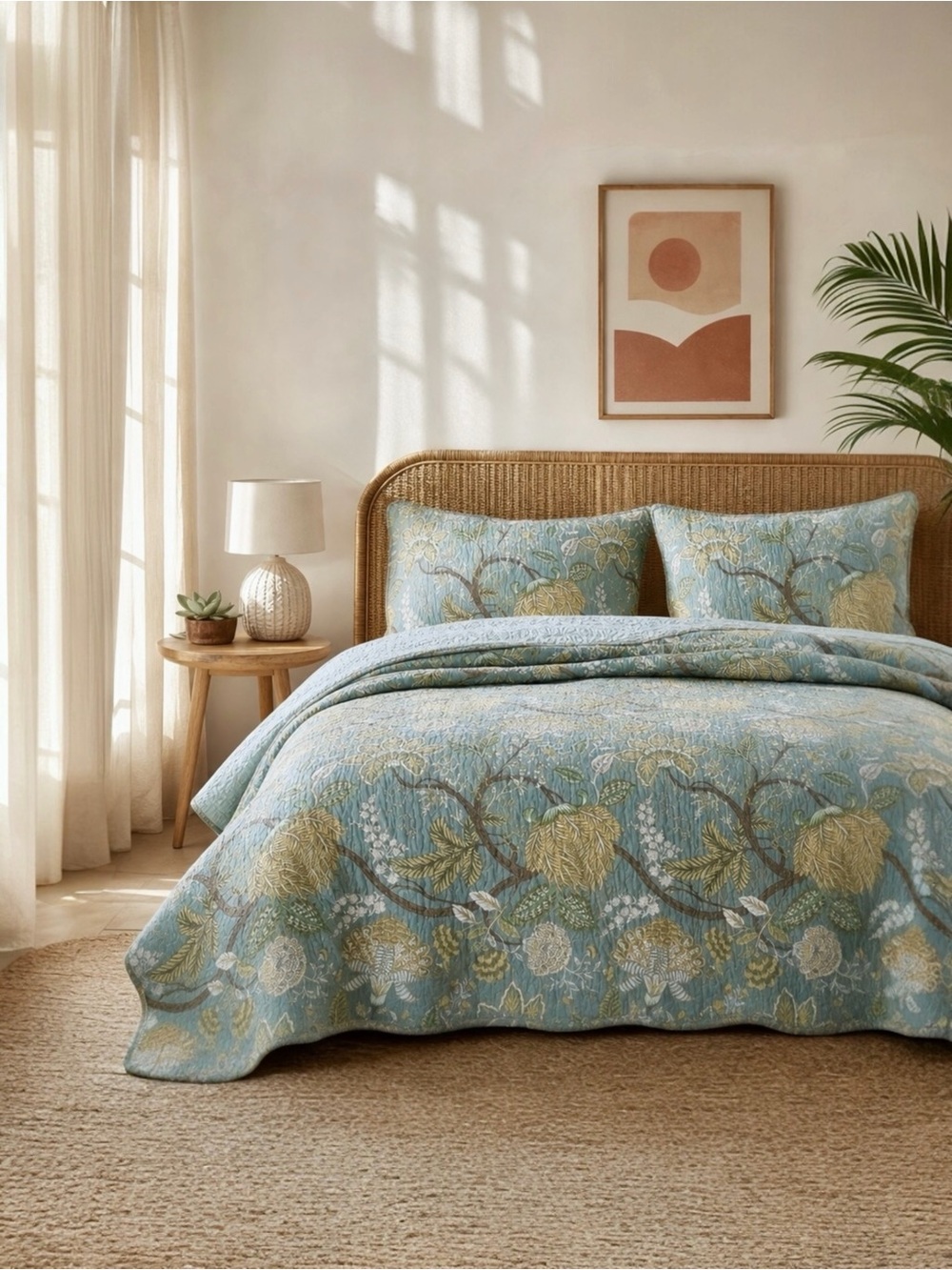 NEW Anthro Green Floral Reversible Queen / King Boho Bedding Quilt & Sham Set